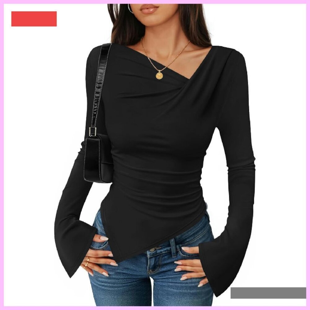 Long Bell Sleeve Crop Top Ribbed Ruched Y2K Asymmetrical Slim Fit